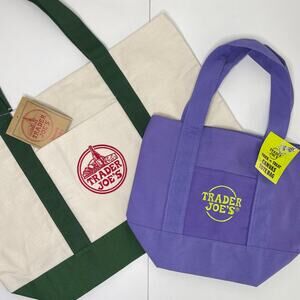 LOT Set of 2 — Trader Joe’s Canvas Tote Bags — Full Size GREEN + Mini PURPLE NWT